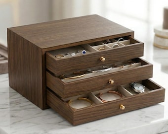 Wooden Jewelry Box Organizer with 3 Drawers, Walnut Jewelry Storage Case for Rings Bracelets and Necklaces, Large Desktop Jewelry Chest