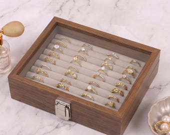 Wooden Ring Box, Glass Lid Jewelry Display Case for Rings, Small Jewelry Organizer, Walnut Wood Ring Storage