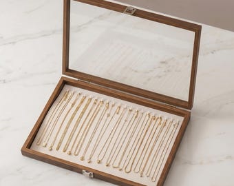 Wooden Necklace Organizer Box with Glass Lid, Tangle-Free Jewelry Display Case with Hooks, Large Necklace Storage Tray for Dresser