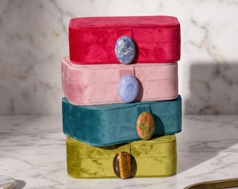Velvet Jewelry Box with Natural Gemstone Clasp, Travel Ring Case