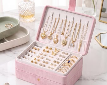 Velvet Jewelry Organizer Box, 3-Tier Double-Layer Design, Large Small Travel Display Case, Necklace Ring Earring Holder