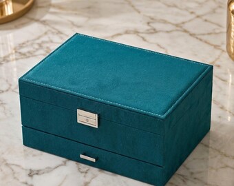 Velvet Jewelry Box Organizer with Lock, Large 2 Layer Jewelry Case for Women, Necklace Holder, Ring Earring Watch Storage