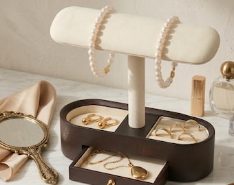Wooden Jewelry Organizer Stand with Drawer, T-Bar Bracelet Holder, Ring Display Tray, Watch & Necklace Storage