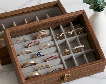 Wooden Jewelry Box with Glass Lid, Jewelry Organizer for Women, Small Jewelry Display Case, Earring and Ring Storage Box