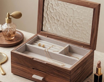 Walnut Wood Jewelry Box with Water Ripple Glass Lid, 2-Layer Jewelry Organizer for Rings Earrings Bracelets, Vintage Wooden Keepsake Box