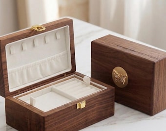 Walnut Jewelry Box with Ring Rolls and Necklace Hooks, Wooden Bracelet Storage Case, Multi-compartment Earring Organizer