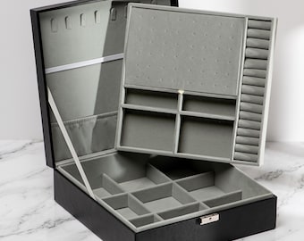 Large Jewelry Box Organizer with Two Layers, Leather Jewelry Storage Case, Necklace Earring Ring Holder, Modern Jewelry Chest