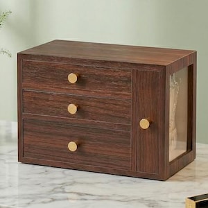 Moderner Holz Schmuck Organizer mit Gold Knöpfe, Schmuckkasten, Minimalist Ohrring & Halskette aus dunklem Holz