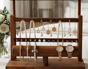 Wooden Jewelry Stand, Necklace Holder, Earring Organizer, Watch Display, Bracelet Holder, Accessory Storage