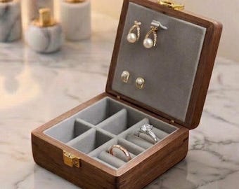 Walnut Wooden Jewelry Box, Travel Ring and Earring Organizer, Solid Wood Jewelry Chest with Gold Latch, Compact Bracelet Storage Case