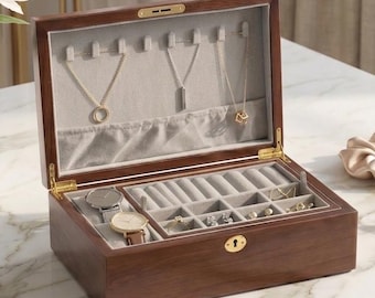 2-Layer Walnut Jewelry Chest, Large Wooden Organizer with Removable Tray, Velvet Lined Jewelry Box for Necklaces Rings and Earrings