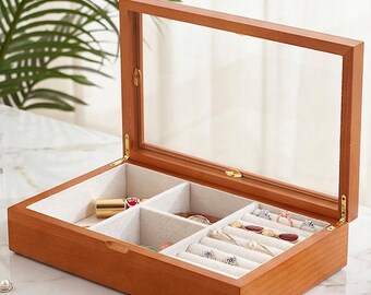 Wooden Jewelry Box with Glass Lid, Personalized Jewelry Organizer, Large Jewelry Storage Case, Rings and Earrings Display