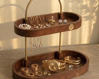 Walnut Jewelry Organizer for Earrings Rings Watches, Gold Brass Metal Jewelry Tower, 2 Tier Wood Jewelry Stand, Aesthetic Jewelry Display