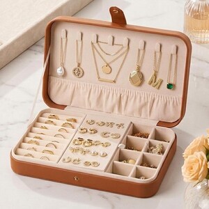 May include: Open brown jewelry box with multiple compartments filled with gold necklaces, rings, and earrings. The box is open, revealing a beige interior. A tray, perfume bottle, candle, and flowers are also visible.