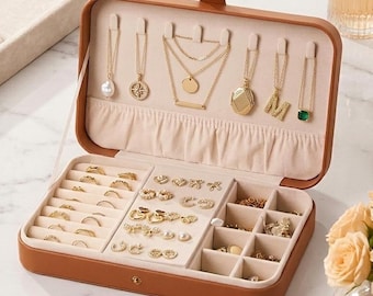Large Leather Jewelry Box Organizer, Travel Jewelry Case for Women, Jewelry Storage with Necklace Hooks