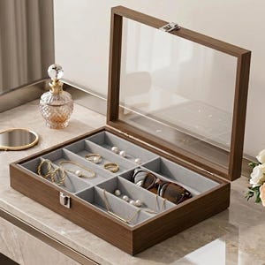 Puede incluir: Una caja de joyería de madera con tapa de cristal transparente, abierta para revelar compartimentos forrados con tela gris. La caja contiene joyas de oro, gafas de sol y perlas. Un pequeño frasco de perfume y un espejo de mano están cerca.