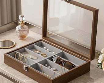 Wooden Jewelry Organizer with Glass Lid, Multi-Slot Display Case for Sunglasses Earrings and Bracelets, Large Accessory Storage Box