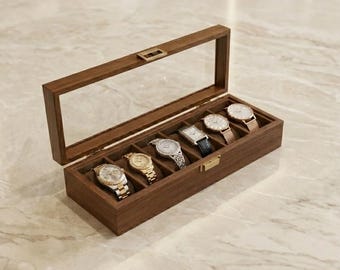 Walnut Wood Watch Box with Glass Lid, 6 Slot Wooden Watch Organizer, Solid Wood Watch Case, Brass Hardware Jewelry Display