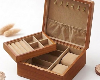 Solid Wood Jewelry Box Organizer with Removable Tray, Wooden Watch Case, Multi-slot Earring Necklace Ring Storage, Handcrafted Jewelry Chest