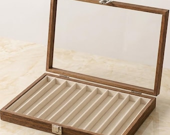 Wooden Necklace Organizer Box with Glass Lid, Large Jewelry Display Case for Necklaces and Bracelets, Minimalist Jewelry Storage