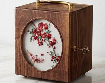 Walnut Wood Jewelry Box for Rings Necklaces and Bracelets, Multi-Layer Jewelry Organizer with Key, Silk Embroidered Jewelry Chest