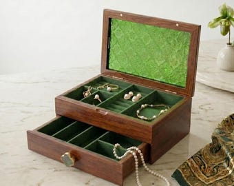 Walnut Wood Jewelry Box with Drawer, 2-Layer Jewelry Organizer for Rings Earrings Necklaces Watches & Bracelets, Green Velvet Jewelry Chest