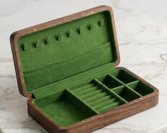 Wooden Jewelry Box Organizer with Green Velvet Lining, Small Travel Jewelry Case, Walnut Jewelry Storage, Earring & Ring Box