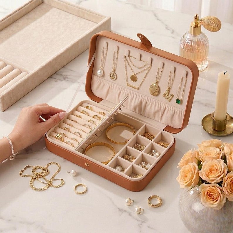 May include: Open brown jewelry box with various gold necklaces, rings, bracelets, and earrings. The box is filled with jewelry, including a pearl necklace, gold rings, and a gold bracelet. A tray and a perfume bottle are also visible.