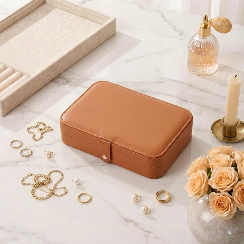 May include: A brown leather jewelry box with a gold clasp sits on a marble surface. Gold necklaces, rings, and earrings are scattered around the box. A beige jewelry tray, a perfume bottle, a candle, and a vase of roses are also present.