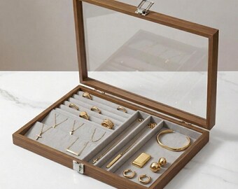Wooden Jewelry Display Box with Glass Lid, Large Velvet Jewelry Organizer Tray, Necklace, Rings and Earring Storage Case