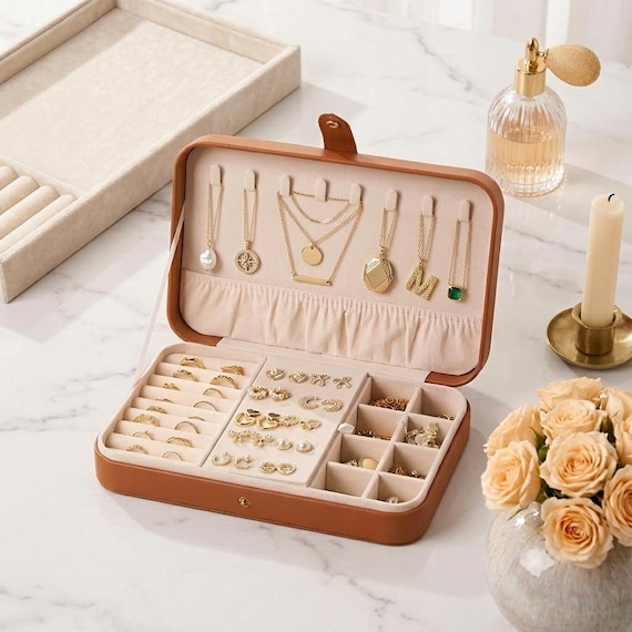 Large Leather Jewelry Box Organizer, Travel Jewelry Case for Women, Jewelry Storage with Necklace Hooks