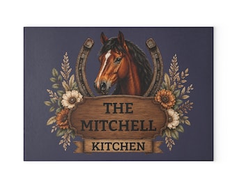 Horse Head Horseshoe Floral Plaque Glass Cutting Board | Personalized Kitchen, Farm Ranch Country