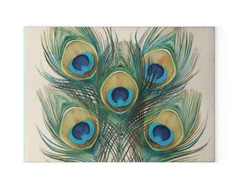 Tabla de cortar de vidrio con diseño de pluma de pavo real / Tabla decorativa de cocina