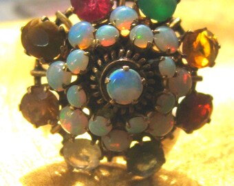Vintage  18K Modern Harlequin Multi-gemstone Opal Cocktail  Ring