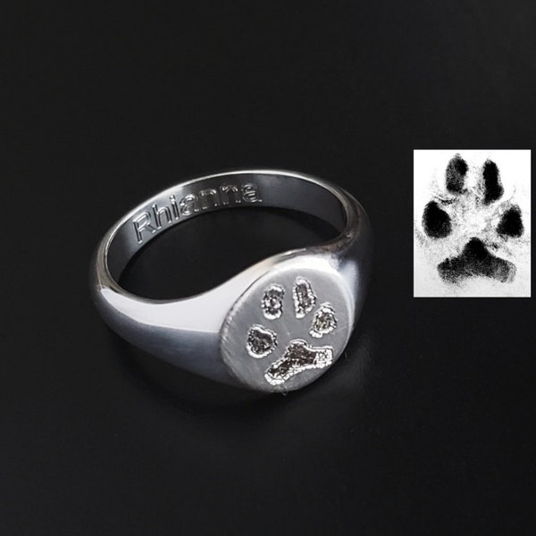 YOUR Pets Actual Paw Print Nose Print Cat Forever In My Heart Memorial Signet Ring Sterling Silver .925 Hand Print Footprint Personalized