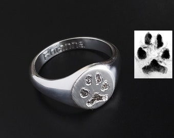 YOUR Pets Actual Paw Print Nose Print Cat Forever In My Heart Memorial Signet Ring Sterling Silver .925 Hand Print Footprint Personalized