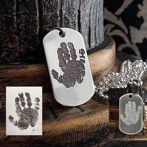 Handprint Dogtag, Fingerprint Necklace, Dogtag Necklace, Pawprint Dogtag, Signature Necklace, Deeply Etched Engraved Sterling Silver
