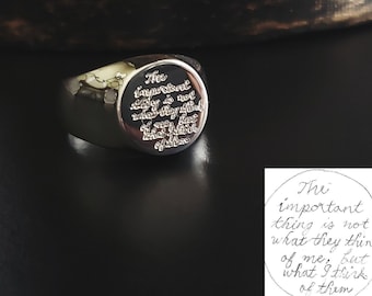 Handwriting Ring 13mm Round Signet ACTUAL Writing Signature OR Paw Print Hand Foot Memorial Sterling Silver Personalized