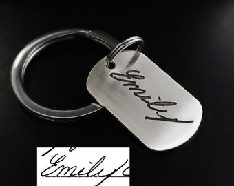 Handwriting Deep Engraved Fingerprint Black Signature .925 Sterling Silver Dogtag Dog Keychain OR Pendant Only Fathers Day Grooms