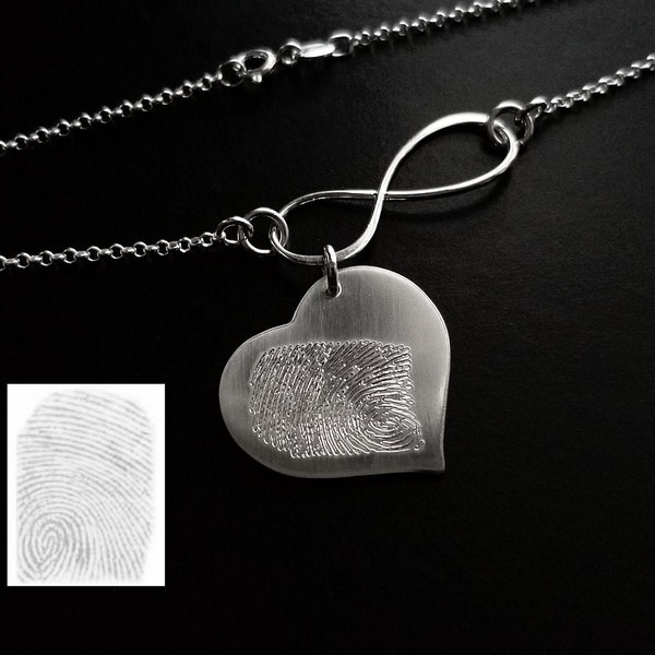 YOUR Actual Exact Fingerprint Signature Handwriting Paw Print .925 Sterling Silver Personalized Forever Memorial HEART & INFINITY Bracelet