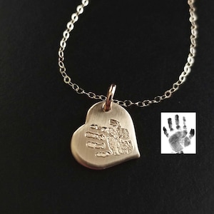 PETITE Heart 3/4&quot; Small Dainty YOUR Actual Hand Print Paw Nose Necklace Engraved Rose Gold Sterling Silver Gold Filled Pendant