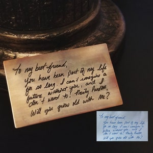 Billetera con tarjeta de escritura a mano de bronce o metal de cobre macizo, personalizada, con grabado profundo, firma, autógrafo escrito a mano