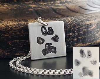 Paw Print Necklace, Deep Engraved in 925 Sterling Silver, Square or Round Necklace Personalized Handmade Charm