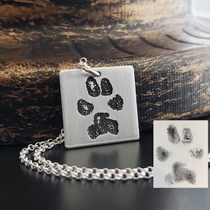 Paw Print Necklace, Deep Engraved in 925 Sterling Silver, Square or Round Necklace Personalized Handmade Charm