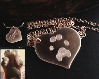 Paw Print Necklace or Nose Print, Engraved Heart Pendant into Sterling Silver, 14k Gold Filled or Rose Gold Filled, Personalized & Handmade