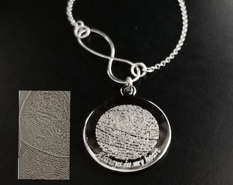 Photo Pic Handwriting Signature Fingerprint Name Necklace Ultrasound Baby Memorial 925 Sterling Silver & Rhodium Personalized Infinity