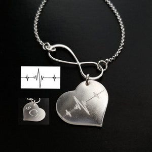 Heartbeat Necklace Engraved Sterling Silver .925 with Infinity Connector Add a Name Date Footprint Hand Print or Handwritten Message