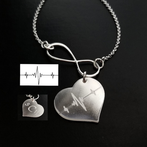 Heartbeat Necklace Engraved Sterling Silver .925 with Infinity Connector Add a Name Date Footprint Hand Print or Handwritten Message