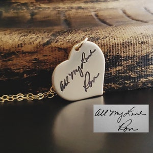 Handwriting Heart Necklace Signature Your Loved Ones Deep Engraved Black Writing Engraved Rose Gold Sterling Silver Gold Filled Pendant