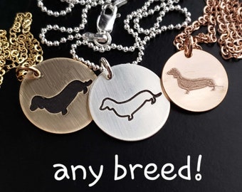 Choose YOUR Breed Pet Engraved Necklace Dachshund Pendant Dog Cat Silhouette Charm Sterling Silver or 14k Gold Filled Rose Gold Personalized